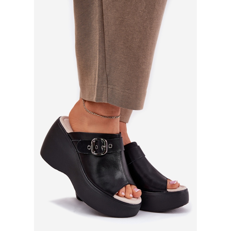 S.Barski Ženska kožna kožna lepršaka na platformi i klin s kopčom S. Barski LR51-542 crna 1