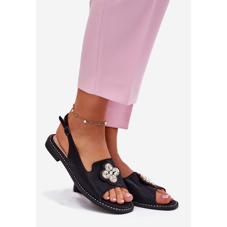 S.Barski Ženske sandale s ravnim petom s ukrasnim detaljima S. Barski KV51-080 Black crna 1
