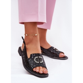 S.Barski Kožne sandale s ukrasom s ravnim petom S. Barski KV51-096 crna 2