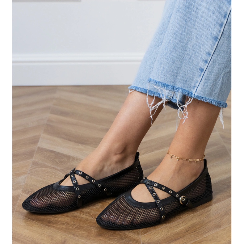 Crne mrežice balerine s ukrasnom kopčom crna 2