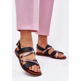 Sergio Leone Ženske sandale s ravnim slovima sa Sergiom Leone SK086H Stripes crne crno 2