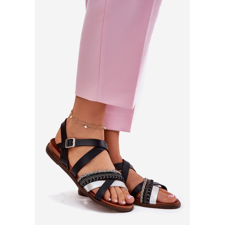 Ženske ravne sandale sa prugama Sergio Leone SK087H crna 1