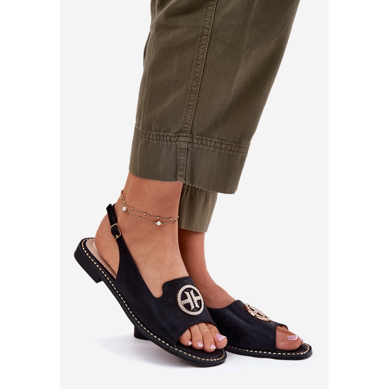 S.Barski Ženske sandale s ravnim petom s ukrasom S. Barski KV51-002 crna crno 1