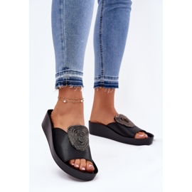 S.Barski Ženske kožne papuče s ukrasom KV51-028 crna 2