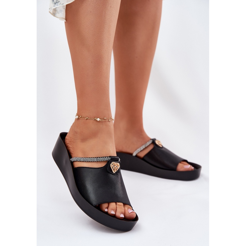 S.Barski Ženske kožne papuče s ukrasnim KV51-034 Crni remen crno 2