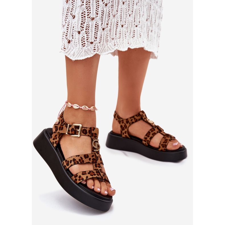 Ženske sandale na platformi sa zlatnim detaljima leoparda smeđa 1