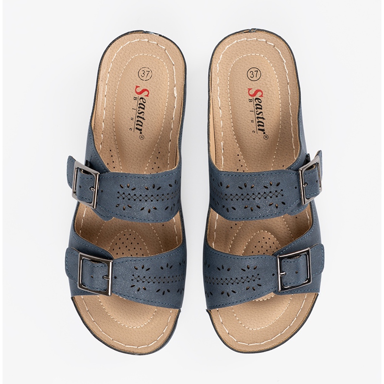 Seastar Papuče na niskom klinu s plavim kopčama plava 1