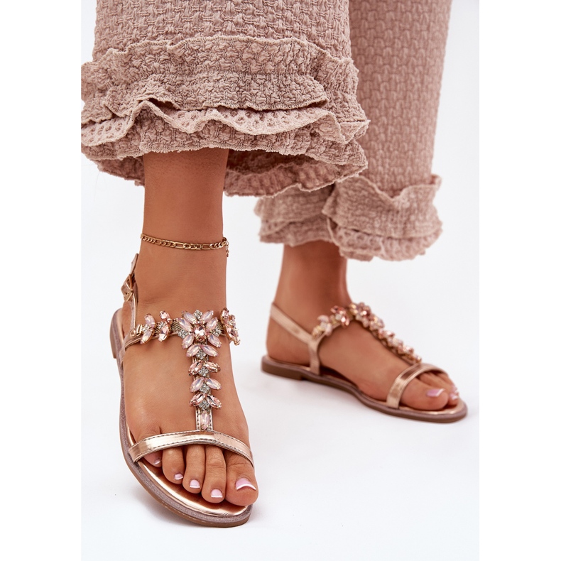 Ravne ženske sandale s kristalima ružičasto zlato zlatna 2