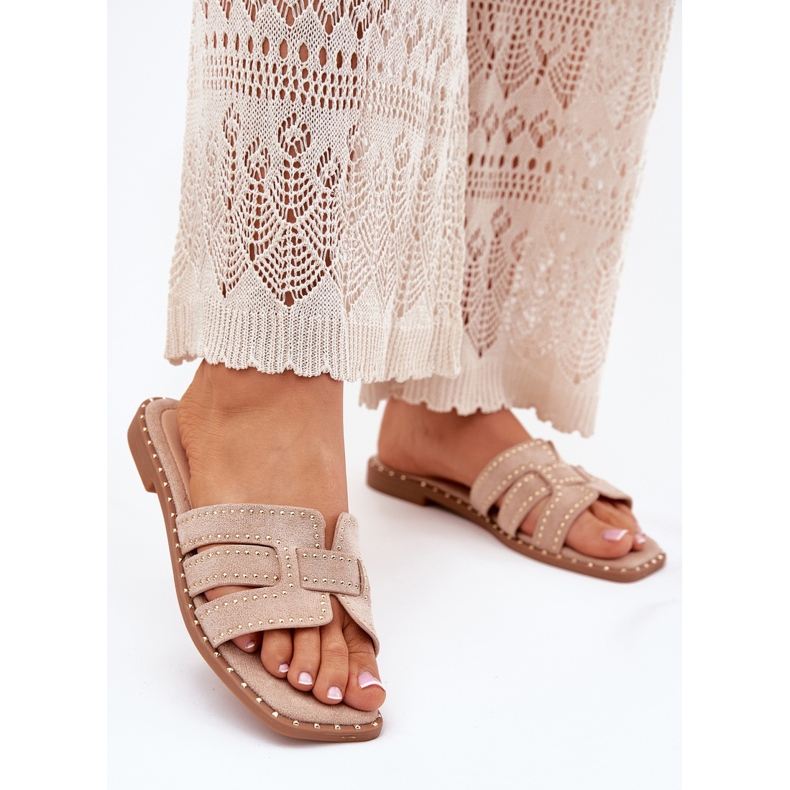 Ukrašeni ravni -naneseni flip flops kaki bež 2