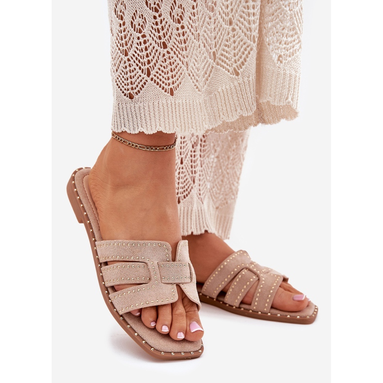 Ukrašeni ravni -naneseni flip flops kaki bež 1