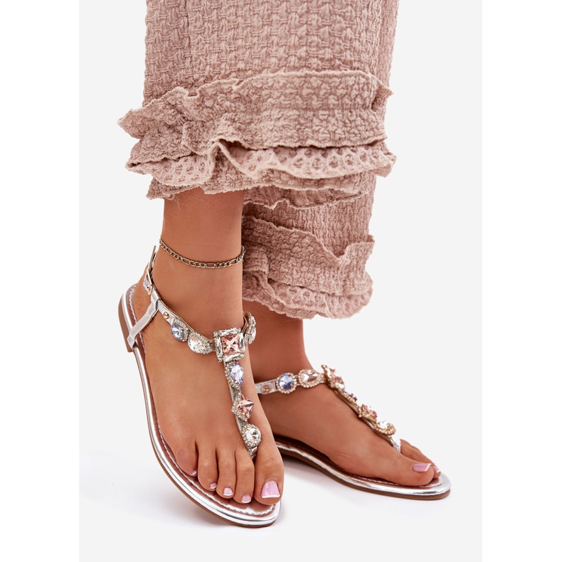 Ženske sandale s ravnim slovima sa srebrnim kristalima srebro 1