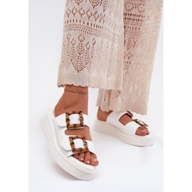 Eko kožne ženske papuče na platformi s bijelim kopčama bijela 2