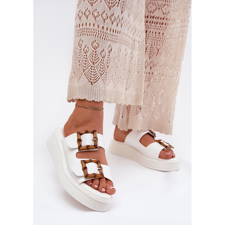 Eko kožne ženske papuče na platformi s bijelim kopčama bijela 2