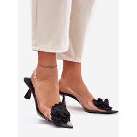 Prozirne sandale na visokoj peti s ukrasnim cvijećem crno 1