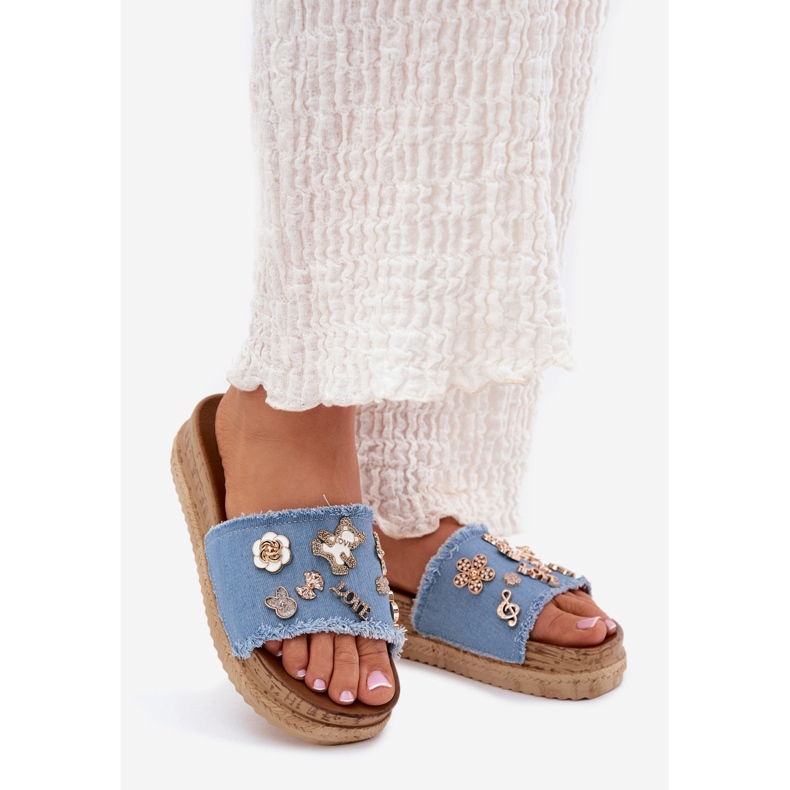 Ženske papuče sa zlatnim igle na plavoj platformi plava 1