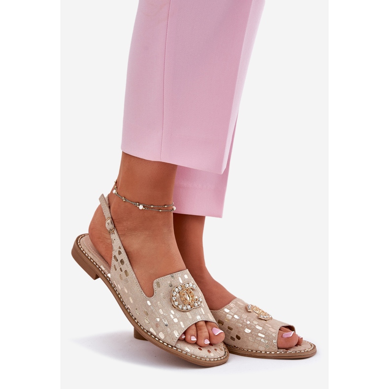 S.Barski Kožne sandale s ukrasom s ravnim petom zlatni 1