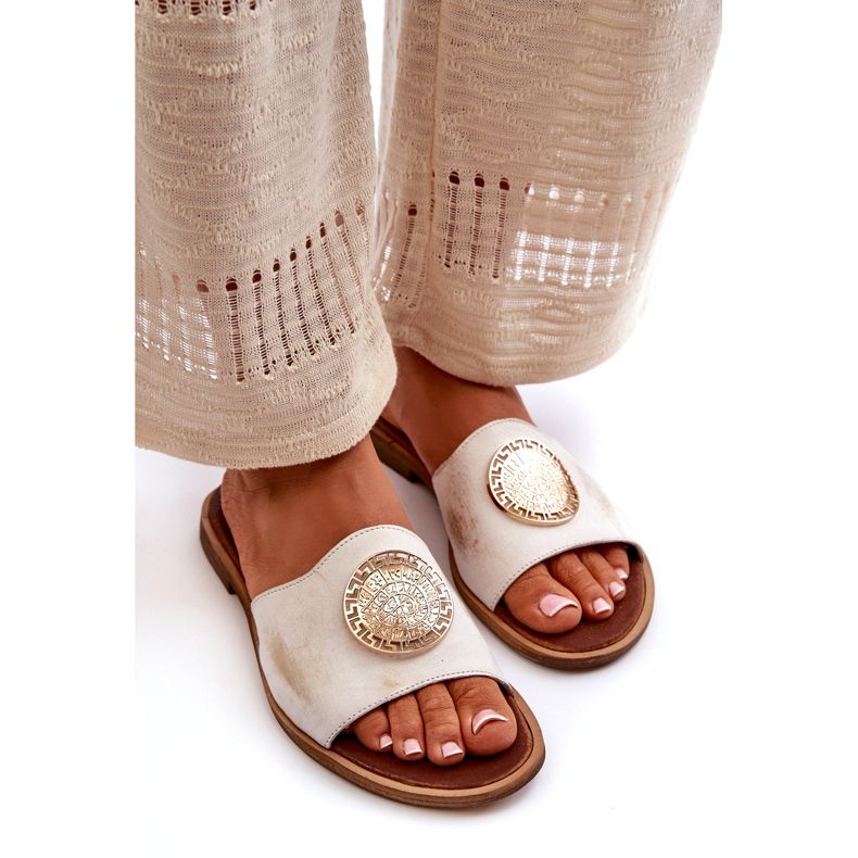 Zazoo 2938 Kožne japanke na ravnu petu sa zlatnim ukrasom, brušene bijela 3