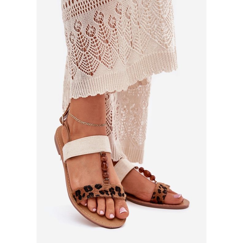 Ravne ženske sandale s perlicama smeđim leopardovim otiskom smeđa 1