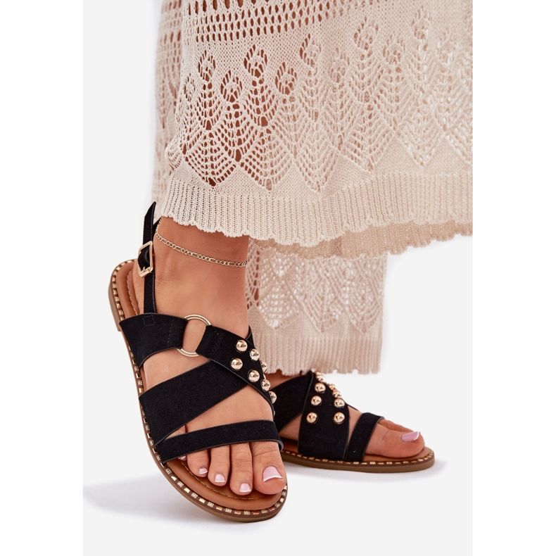 Ženske sandale s ravnim slovima sa zlatnim klinovima crne crna 1