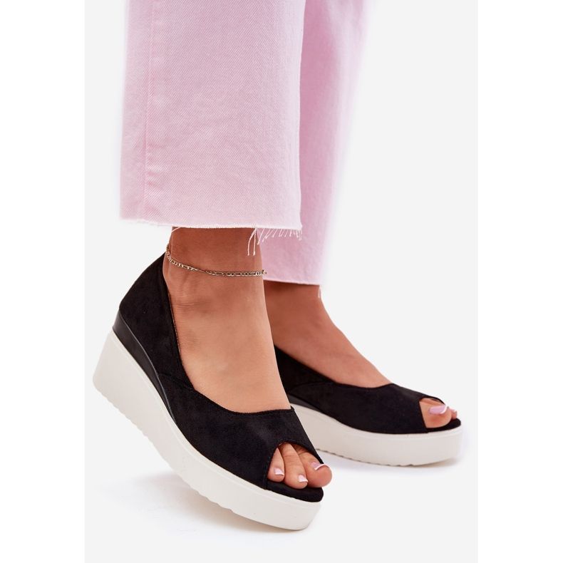 Ženske sandale za klin s Eco Suede Black crna 1