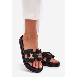 Ženske papuče s lukom i zlatnim brošem crno 1