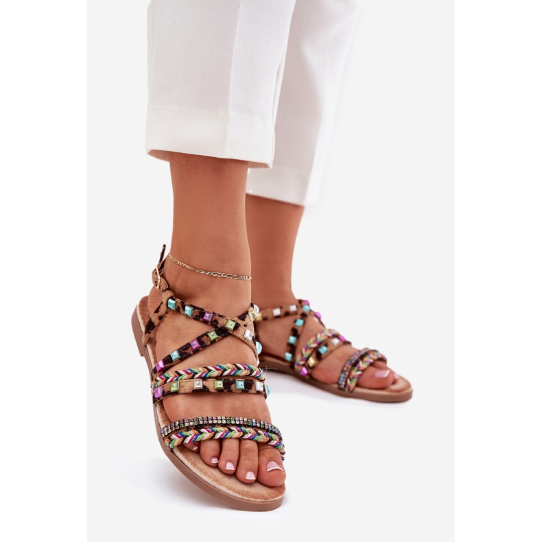 Ženske sandale s ukrasom i tkanim leopardovim pojasevima smeđa 1