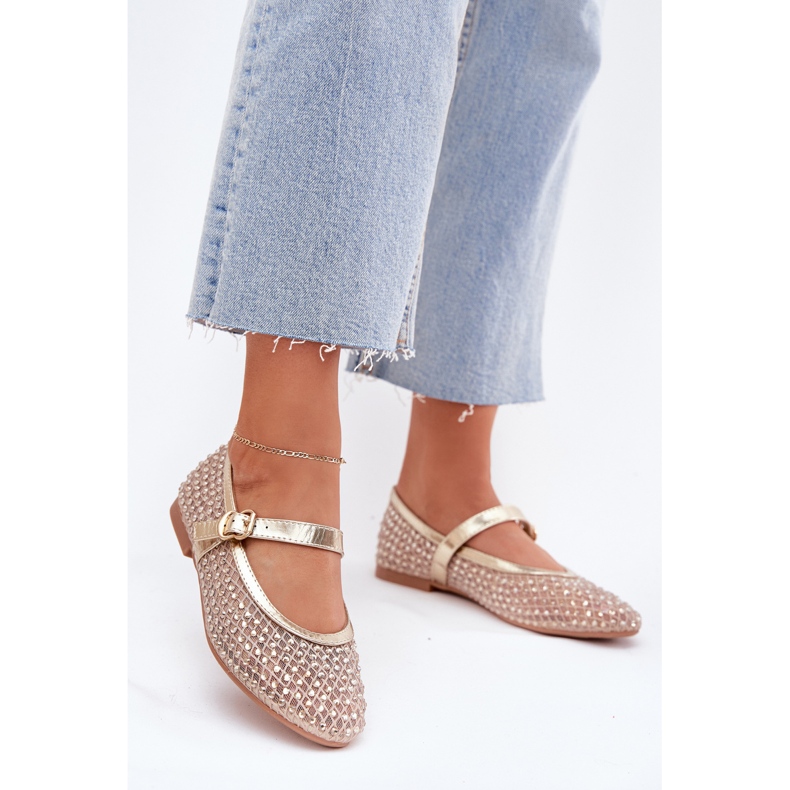 Ukrašene ženske balerine prugom i zlatnom stezaljkom zlatna 2