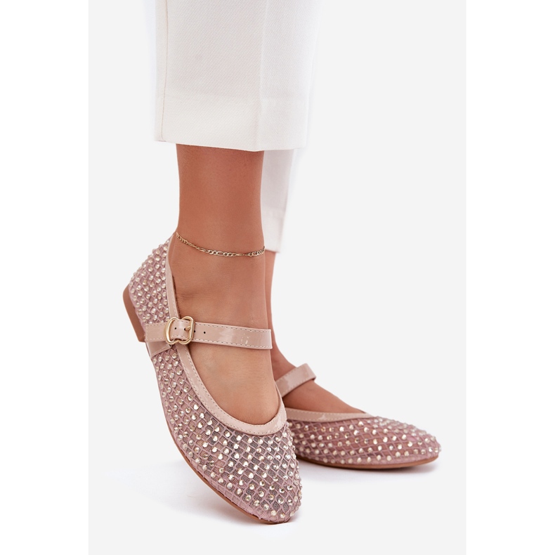 Ukrašene ženske balerine s pojasom i stezaljkom bež 1
