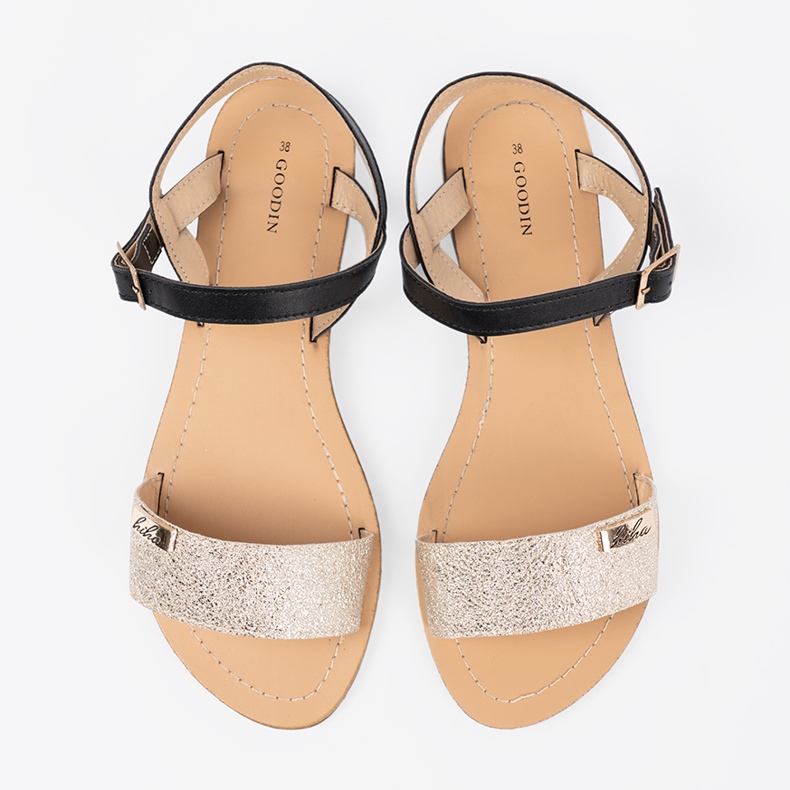 Goodin Crne zlatne ženske ravne sandale zlatni 1