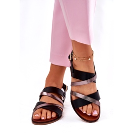 Sergio Leone Ženske sandale s ravnim slovima sa Sergiom Leone SK086H Stripes crne crna 1