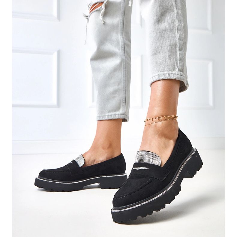 Crni Ekozamszu Moccasins ukrašeni kubičnim cirkonijom Klooren crno 2