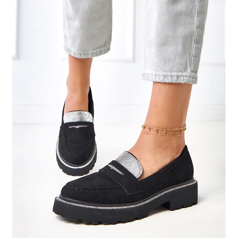 Crni Ekozamszu Moccasins ukrašeni kubičnim cirkonijom Klooren crno 1