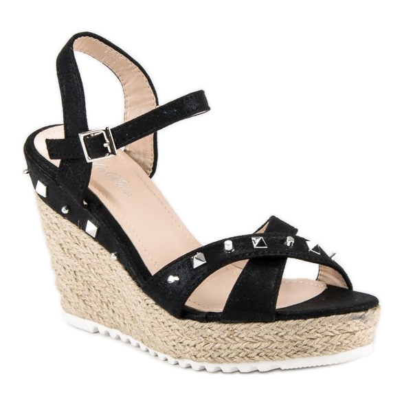 Bello Star Espadrile na klin s rhinestones crno 1