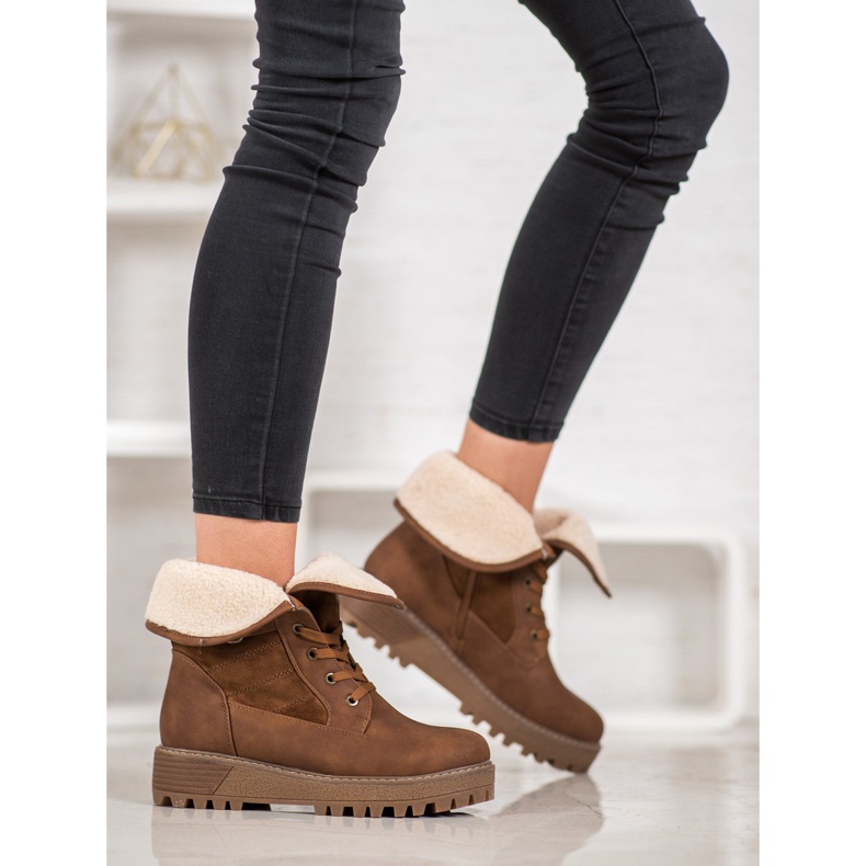 SHELOVET Čizme na vezanje s ovčjom kožom smeđa 1