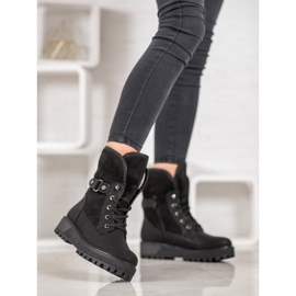 SHELOVET Čizme na vezanje s ovčjom kožom crna 2