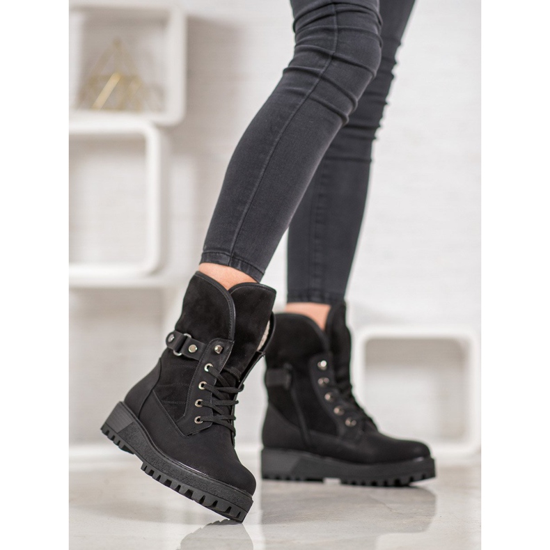 SHELOVET Čizme na vezanje s ovčjom kožom crna 2