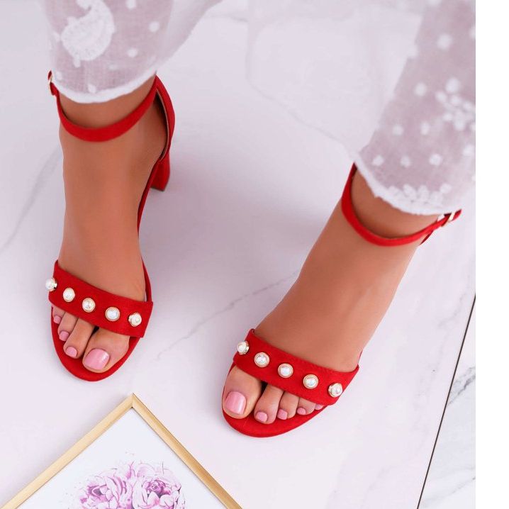 S.Barski Ženske sandale na petu s biserima Red Renes crvena 2