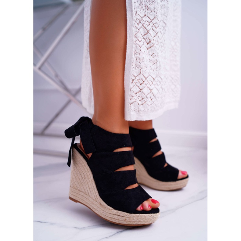 FRJ Ženske sandale na lanenom klinu vezane crne kantare crna 1
