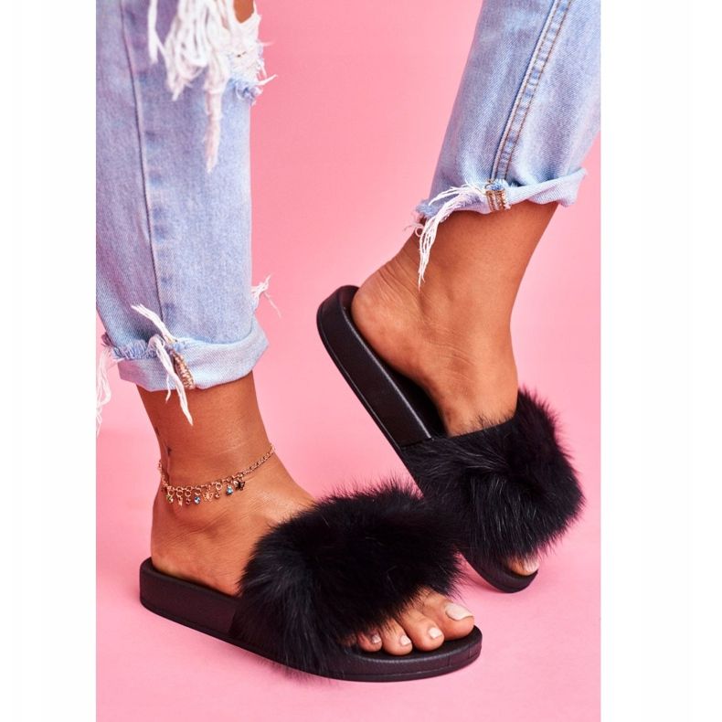 Ženske papuče s prirodnim krznom Black Naturis crno 2