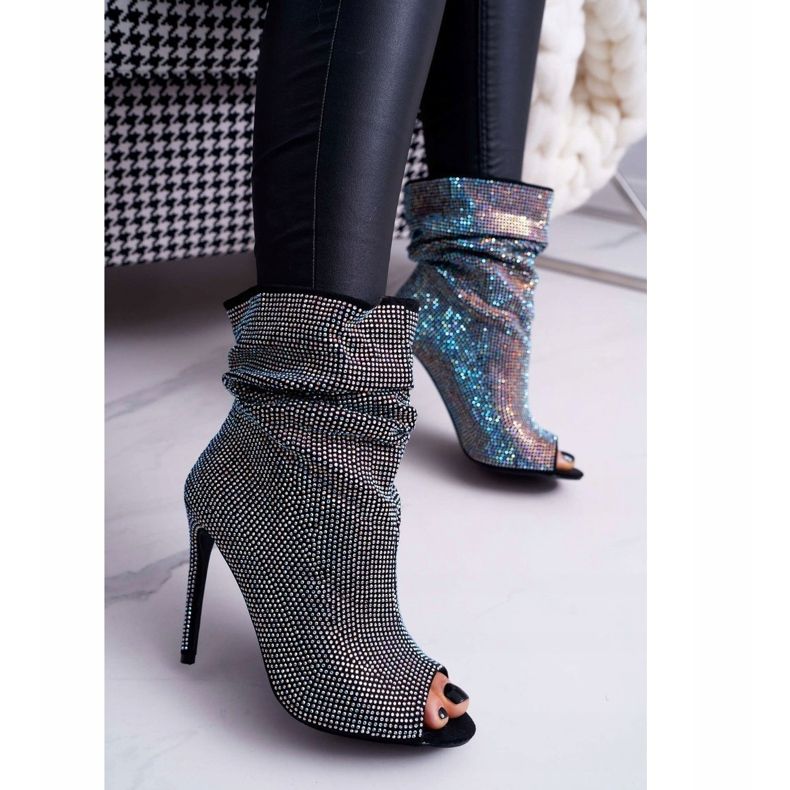 Ženske čizme na visoku petu Lu Boo Rhinestones crne trake crno 2