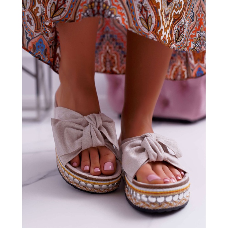 Ženske papuče debelog potplata s mašnicama Bež Milady 2