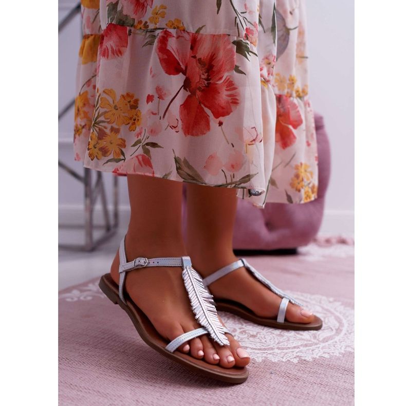 Ženske sandale s ravnom kožom srebrna Nicole 2383 siva 1