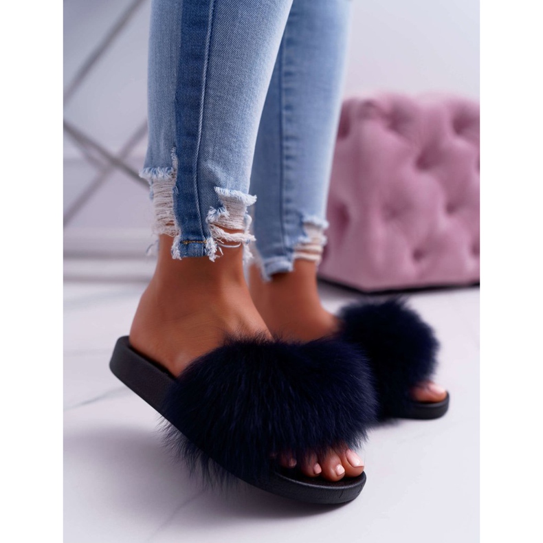 Ženske papuče s prirodnim krznom Naturis Navy Blue mornarsko plava 1