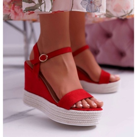 BUGO Ženske sandale na lanu s klinom crvena Liviana 1