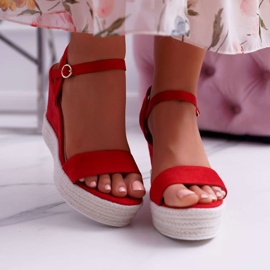 BUGO Ženske sandale na lanu s klinom crvena Liviana 2