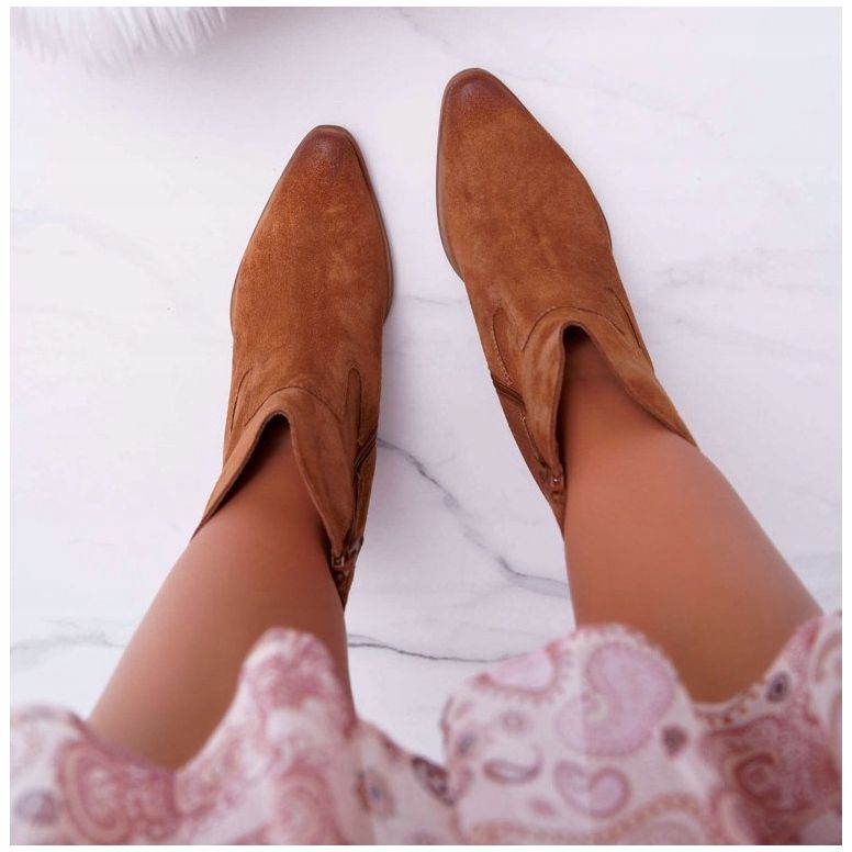 Ženske čizme na kožnu antilop kožu od visoke pete Nicole 2433 smeđa 2