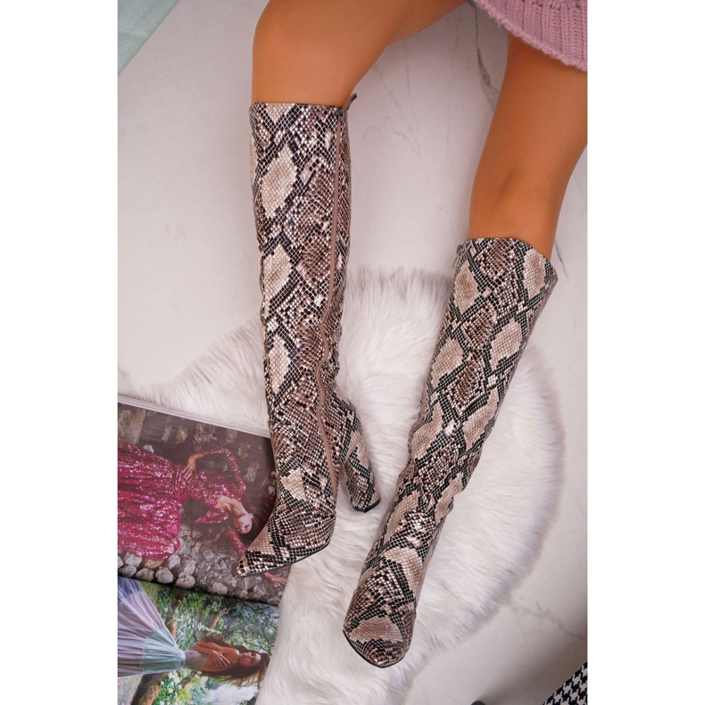 FRGIV Ženske čizme na zmijskoj koži visokih potpetica bež mrkve 1