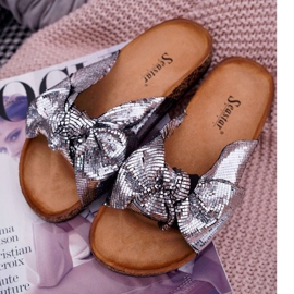 PS1 Ženske papuče sa srebrnom metalik mašnom siva 1