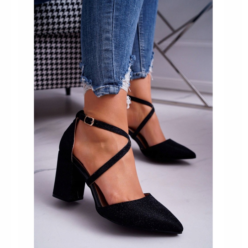 SEA Ženske pumpe na peti sa sjajnim crnim kompletom crno raznobojna 2