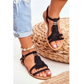 FRJ Ženske sandale Ravna antilop Boho Crna Lucami crno 2